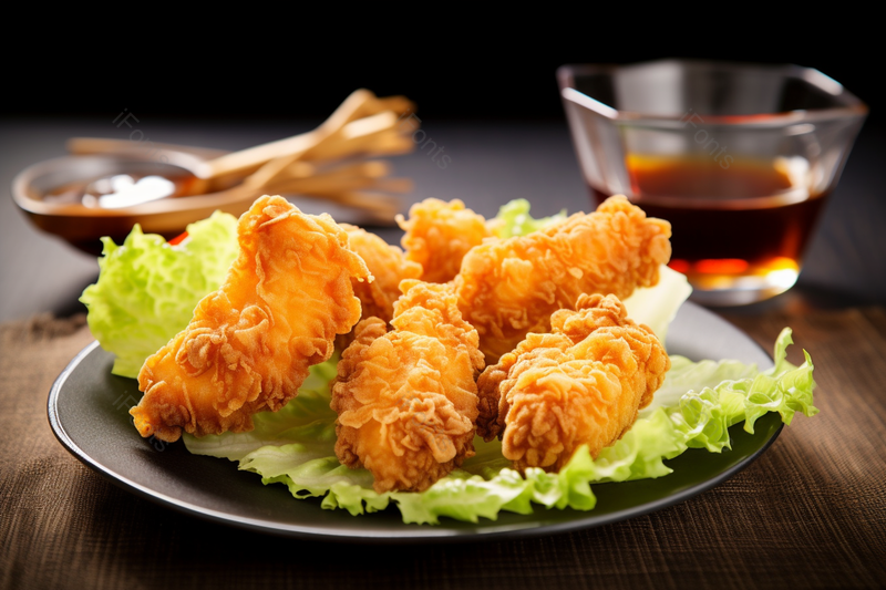 饭店特色小吃生菜配炸鸡腿特写实拍,高清,摄影图,摄影图片,图片大全,摄影图免费下载